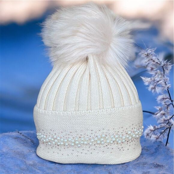 NWT New Adrienne Landau Pearl Trim Pom-Pom Knit Wool Blend Beanie Hat Ivory OS - Picture 3 of 9